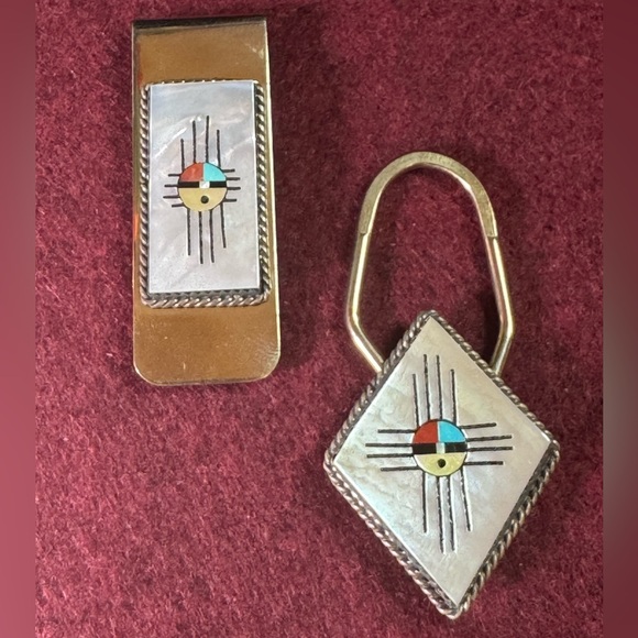 Native American Zuni hand signed tribal money clip & key ring set